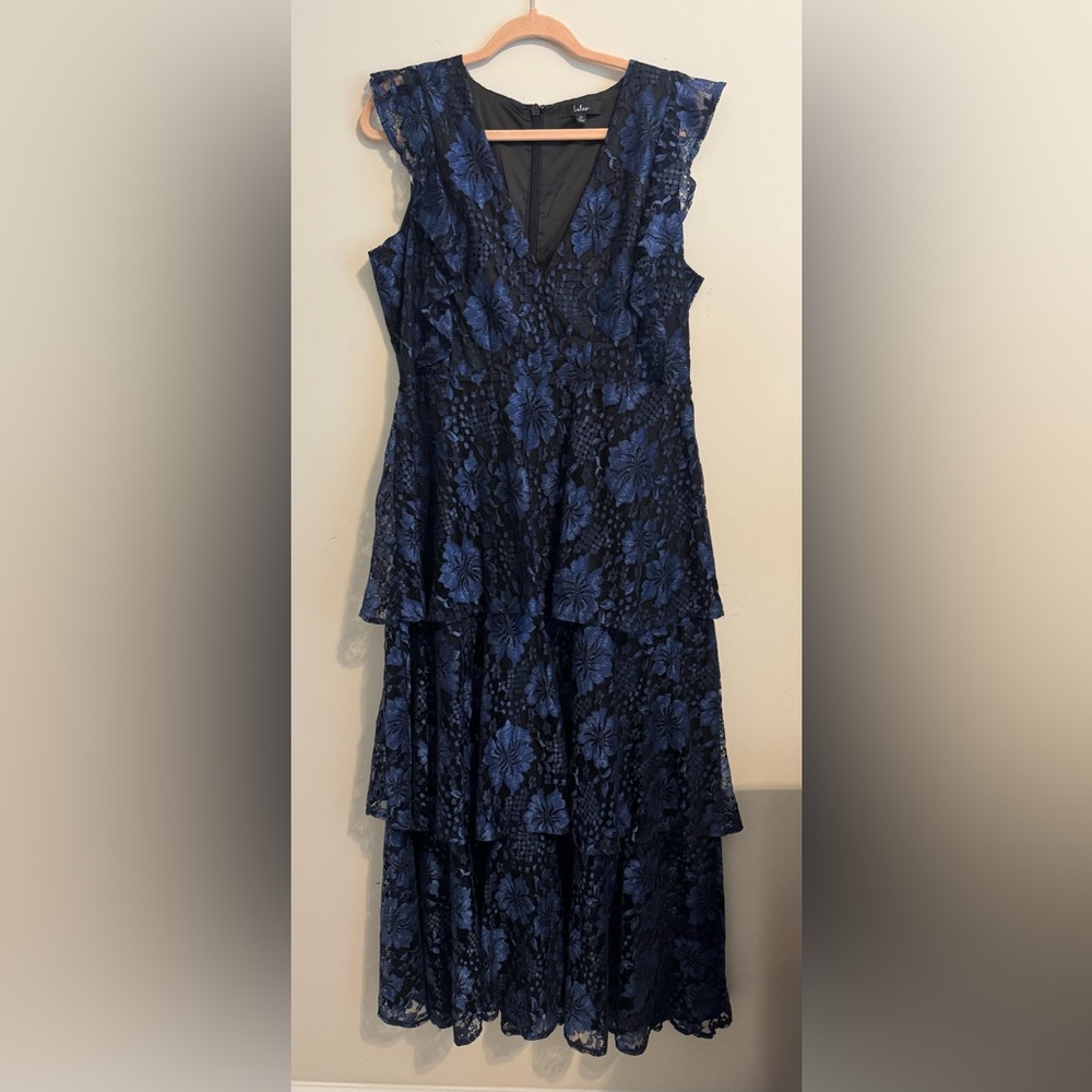 Lulu's Navy Blue Lace Tiered Midi Dress